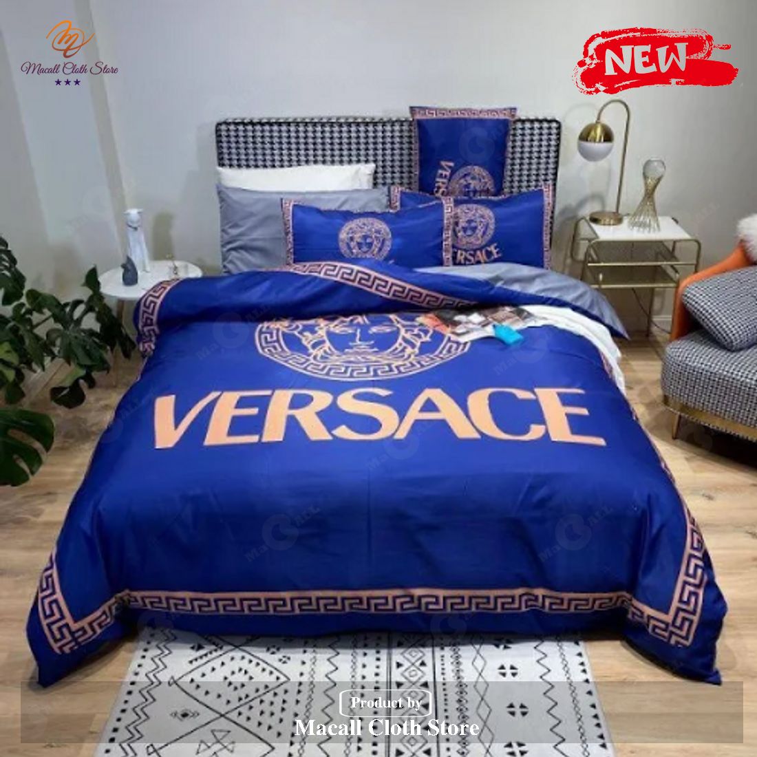 Versace Big Logo In Blue Background Brand Bedding Set King Size