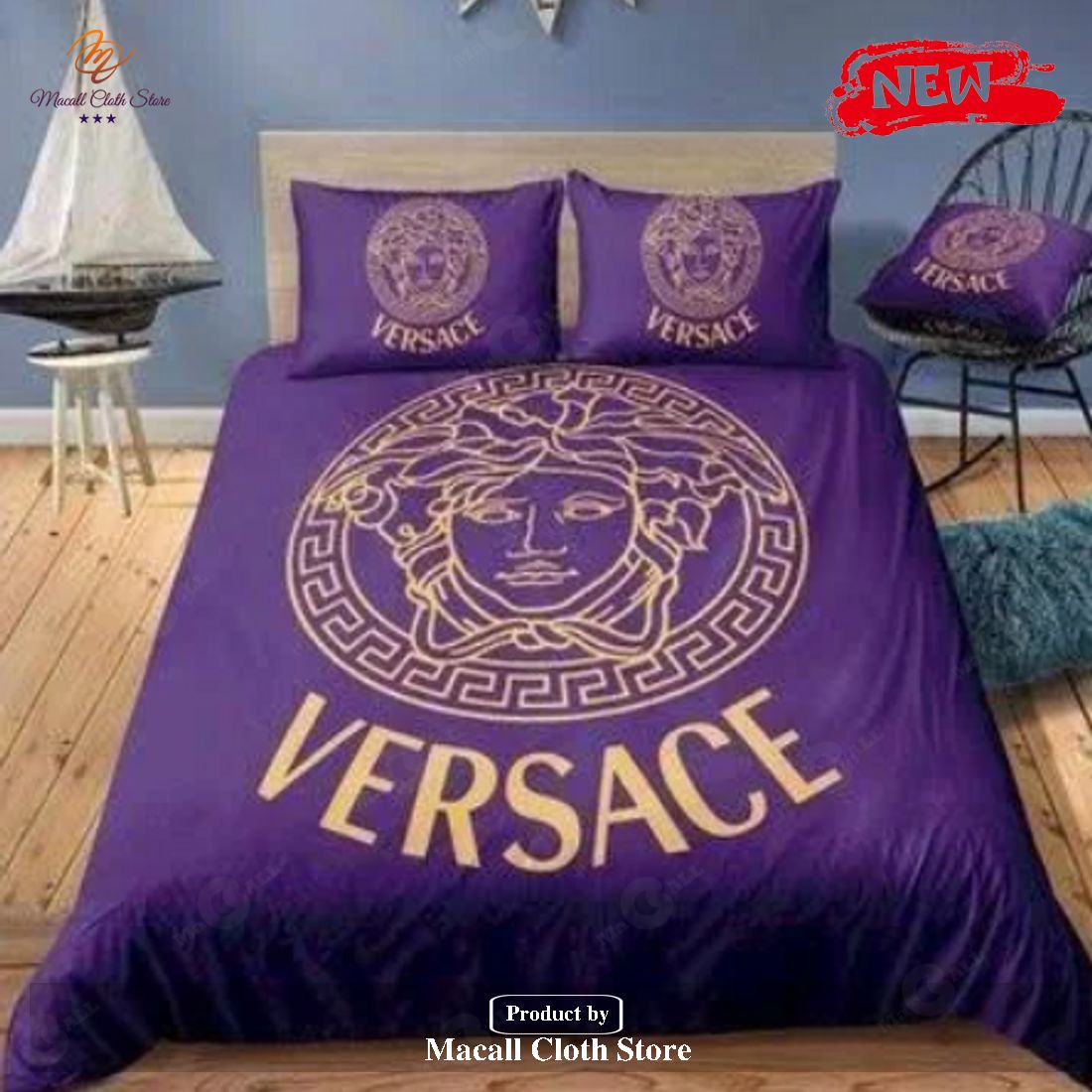 Versace Big Logo In Purple Background Brand Bedding Set Queen