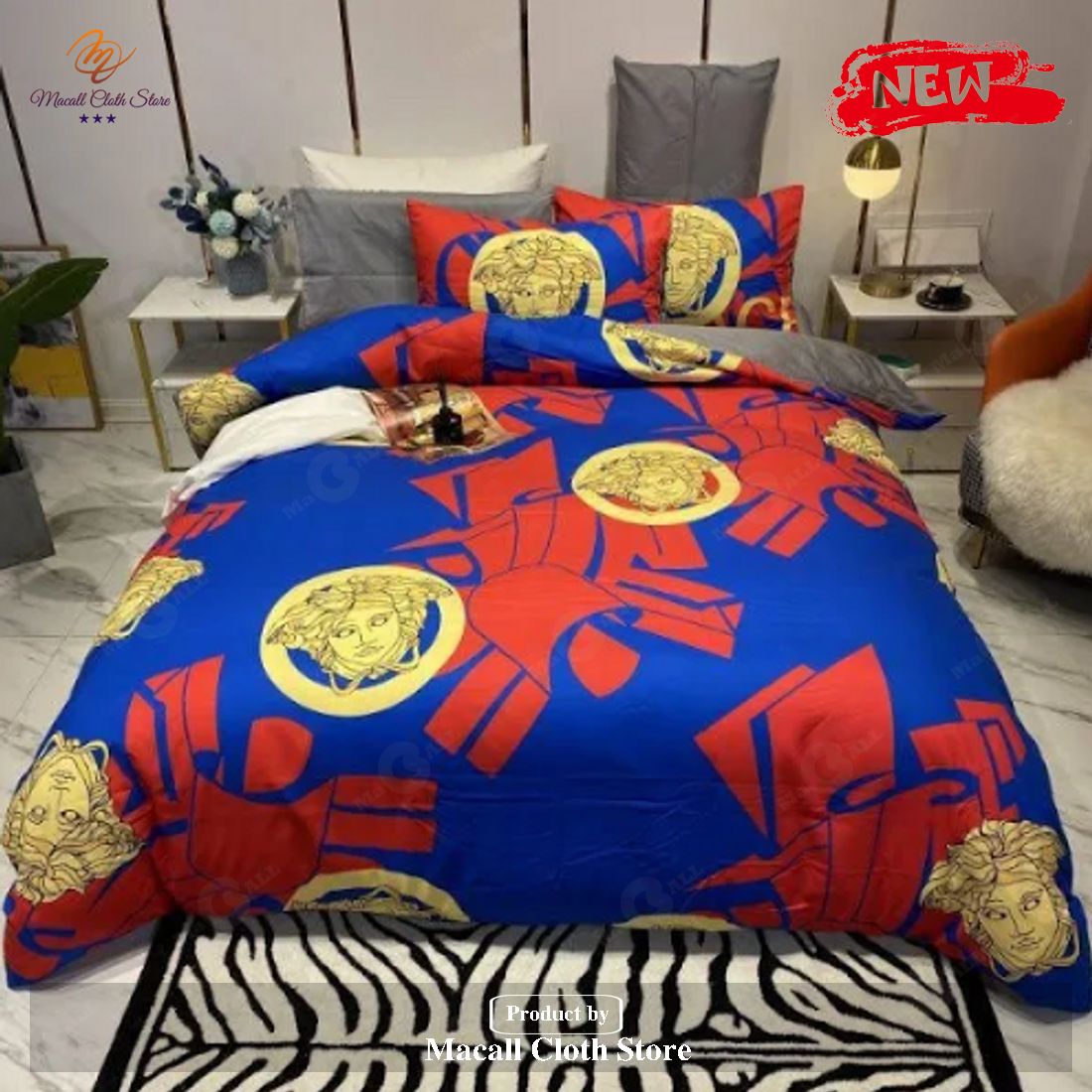 Versace Blue And Red Brand Bedding Set King Size