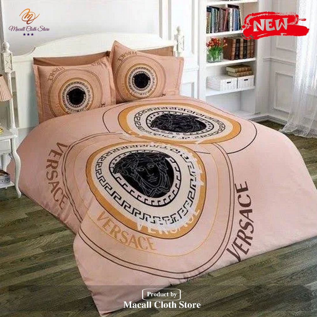 Versace Circle Logo In Pink Background Brand Bedding Set King Size