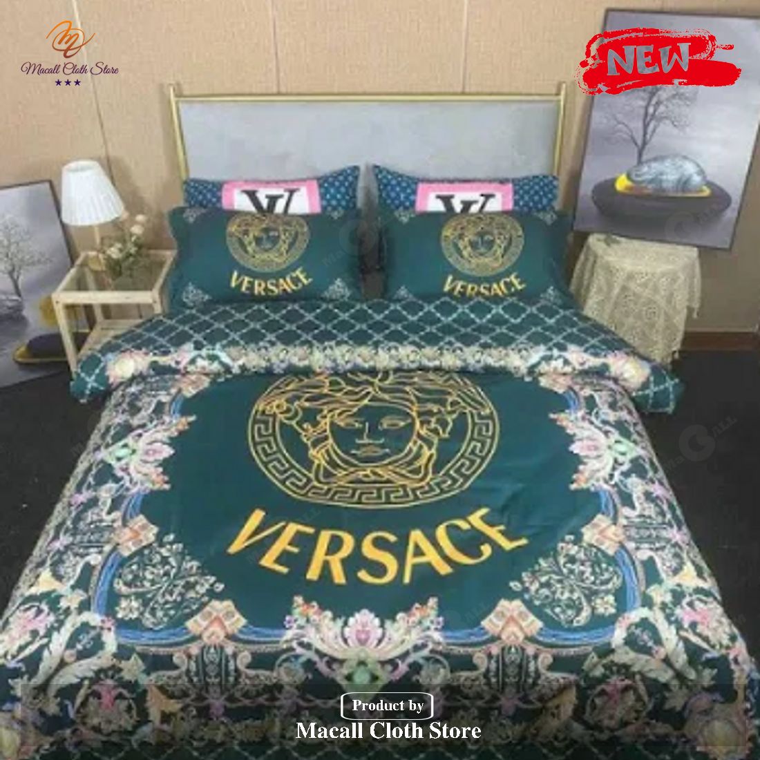 Versace Floral In Green Background Most Comfortable Brand Bedding Set
