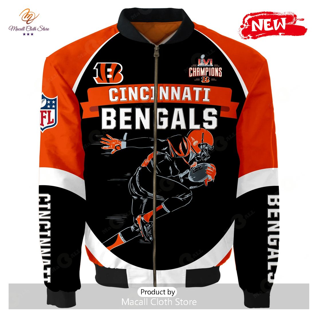 Cincinnati Bengals Running Man Pattern Bomber Jacket – Black And Orange Cincinnati Bengals Running Man Pattern Bomber Jacket – Black And Orange
