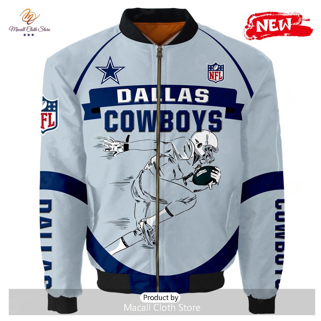 Dallas Cowboys Team Logo Pattern Bomber Jacket – Blue Dallas Cowboys Team Logo Pattern Bomber Jacket – Blue