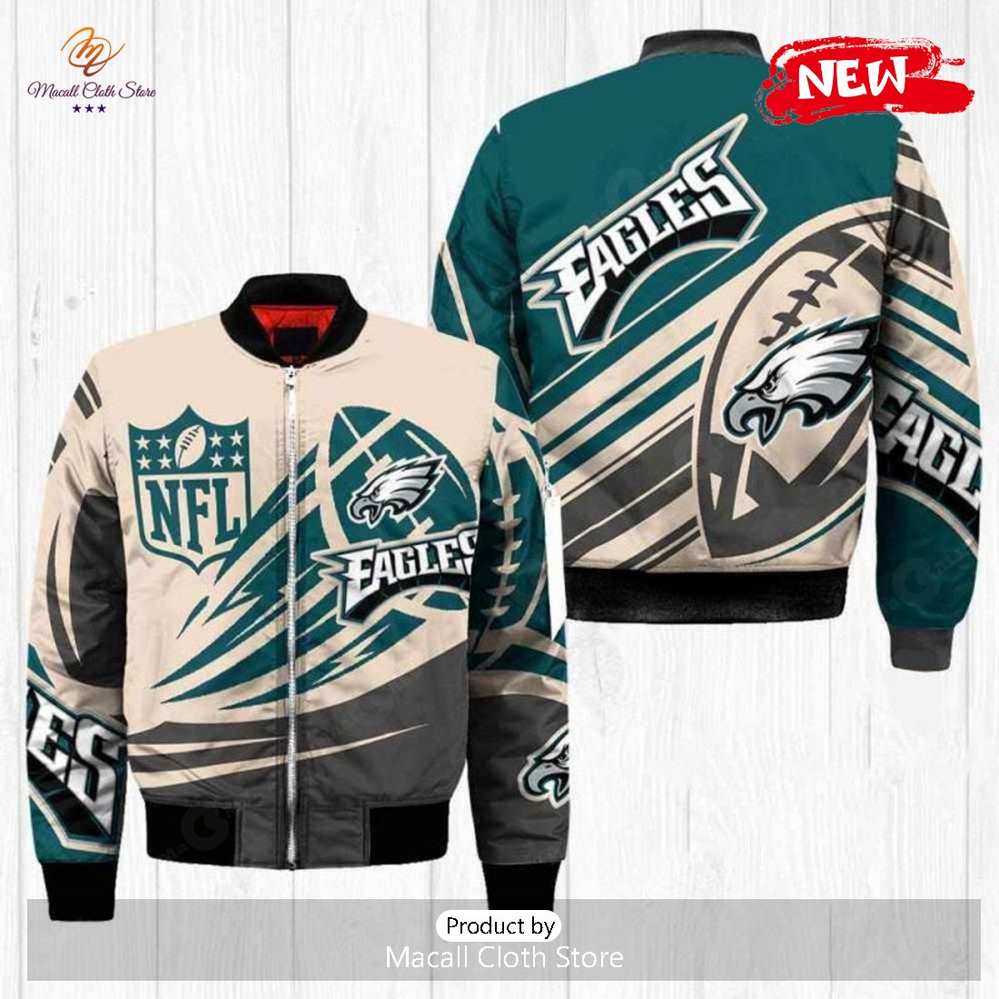 Philadelphia Eagles Logo Pattern Bomber Jacket – Beige And Teal Color Philadelphia Eagles Logo Pattern Bomber Jacket – Beige And Teal Color