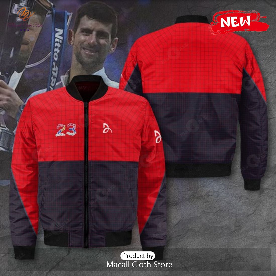 Novak Djokovic 23 Champions Signatures Black Red Bomber Jacket 3D Novak Djokovic 23 Champions Signatures Black Red Bomber Jacket 3D