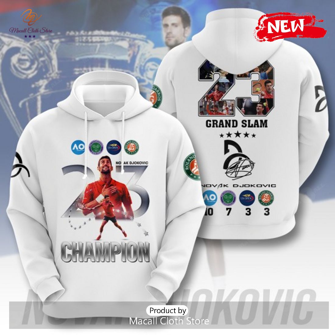 Novak Djokovic 23 Champions Grand Slam Signatures White Hoodie Sweatshirt 3D Novak Djokovic 23 Champions Grand Slam Signatures White Hoodie Sweatshirt 3D