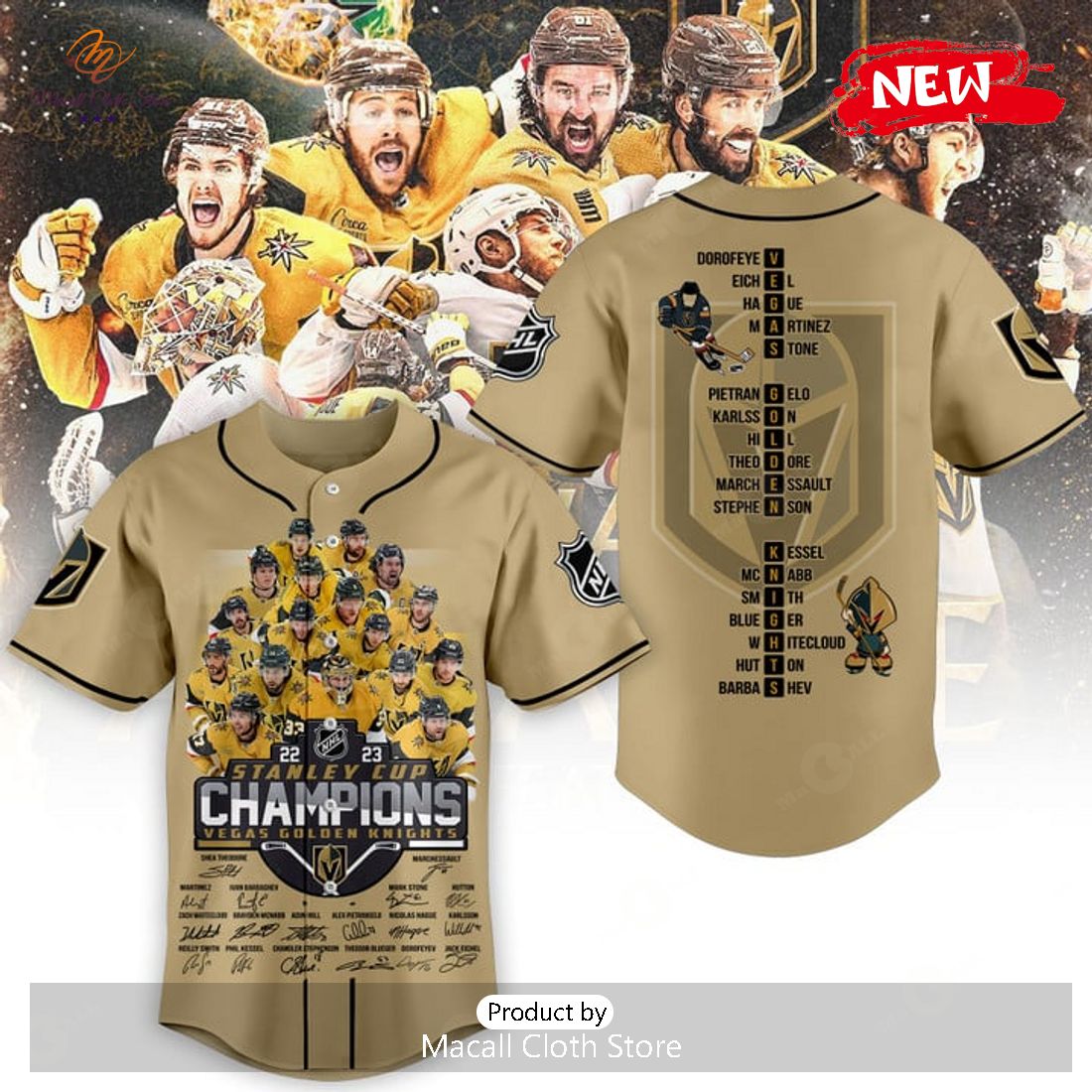 Vegas Golden Knights Stanley Cup Champions 2023 Gold Signatures Baseball Jersey