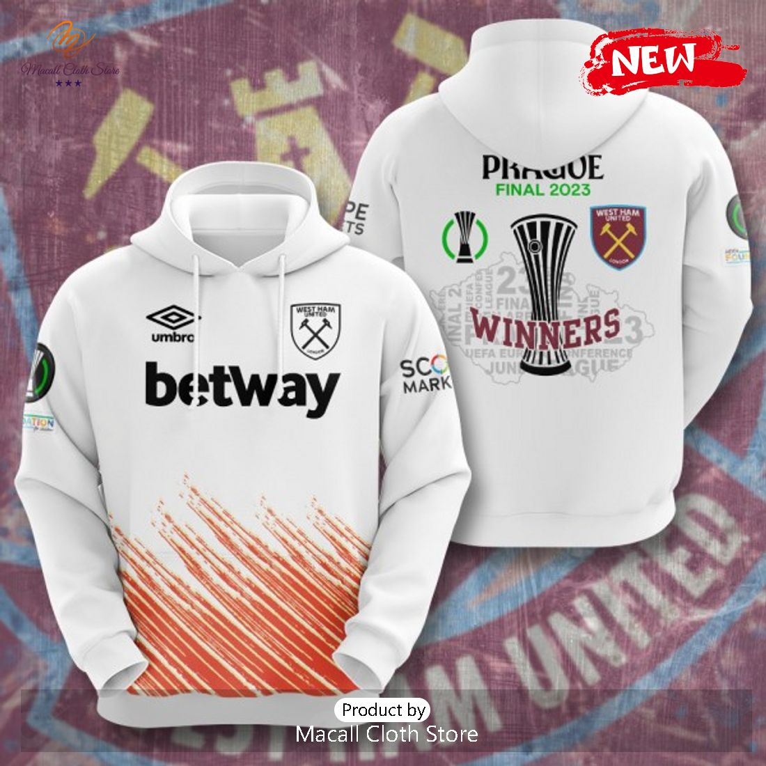 Prague Final 2023 Winners West Ham United Orange White Hoodie Sweatshirt 3D Prague Final 2023 Winners West Ham United Orange White Hoodie Sweatshirt 3D