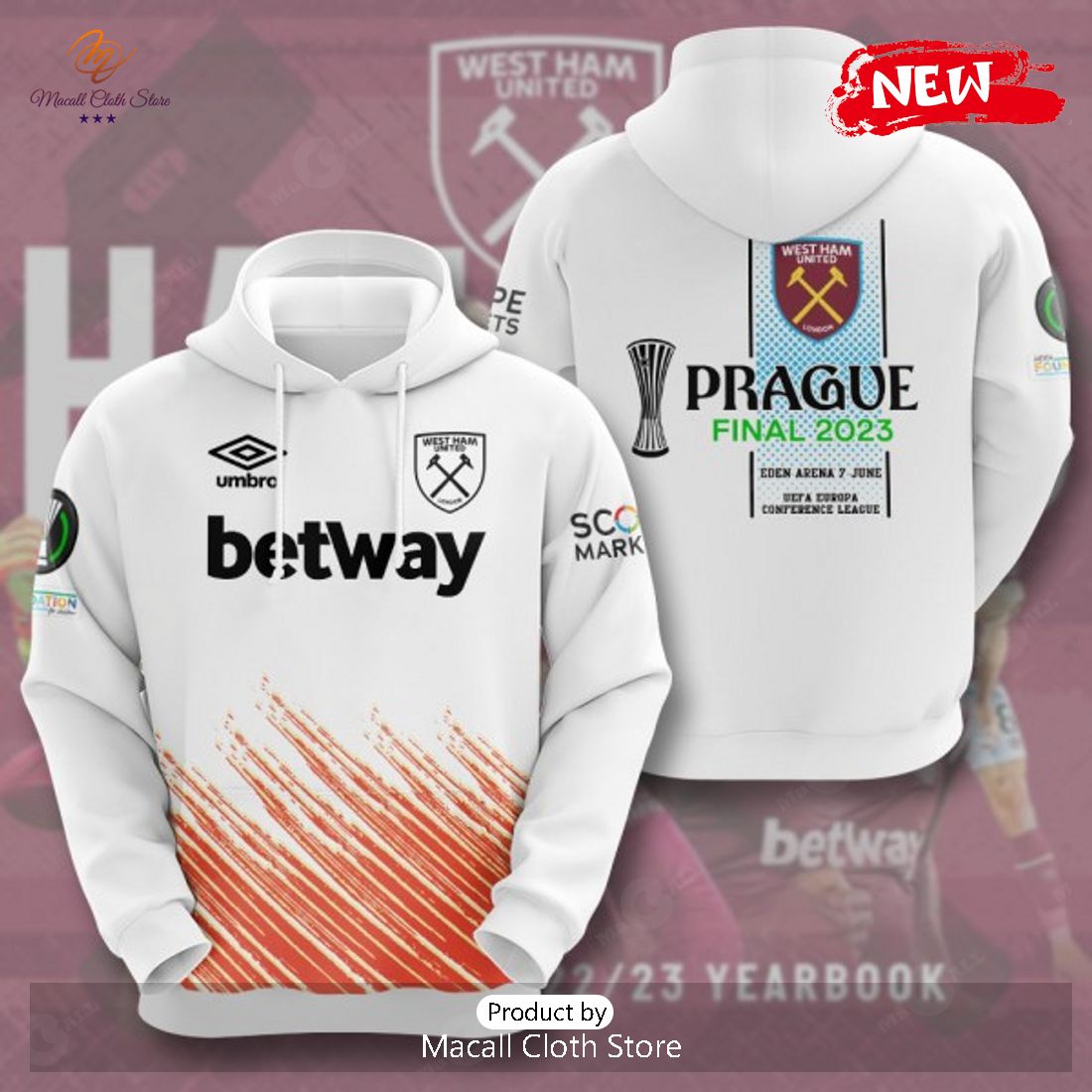 West Ham United Prague Final 2023 Orange White Hoodie Sweatshirt 3D West Ham United Prague Final 2023 Orange White Hoodie Sweatshirt 3D