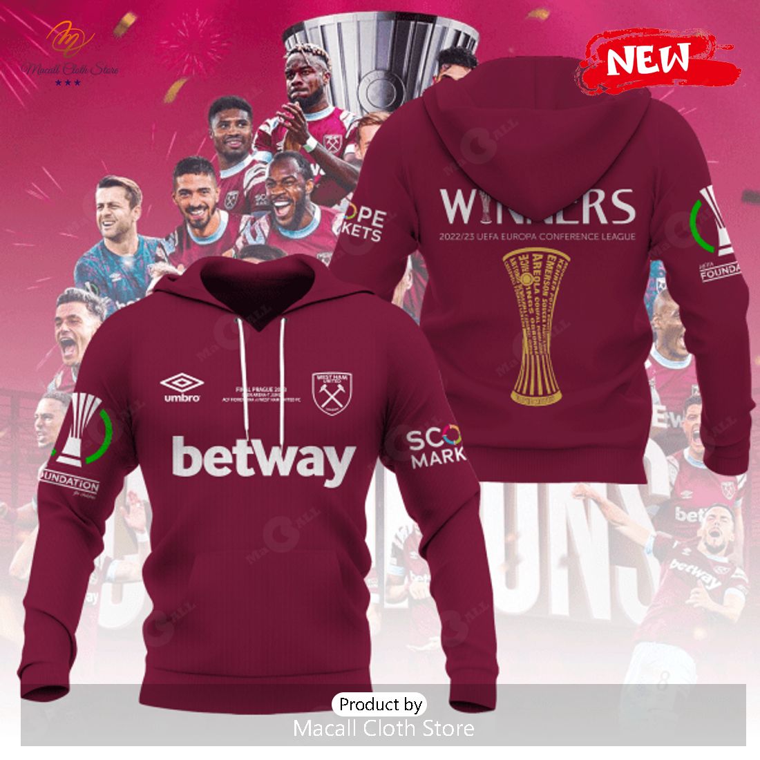 West Ham United Winners Conference League Red Hoodie Sweatshirt 3D West Ham United Winners Conference League Red Hoodie Sweatshirt 3D