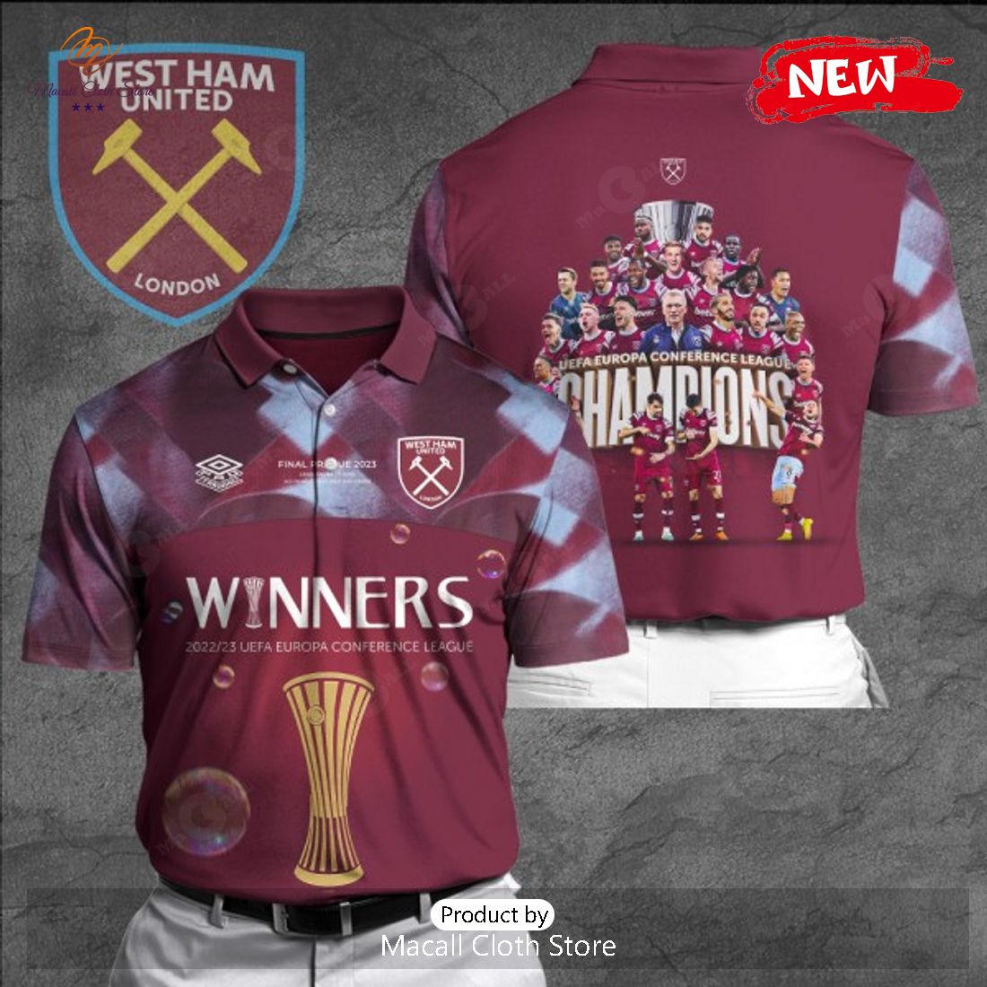 West Ham United Winners Conference League Champions Red 3D Apparels Polo Shirt West Ham United Winners Conference League Champions Red 3D Apparels Polo Shirt