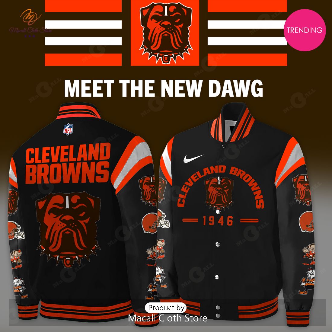 NFL Cleveland Browns Dawg New Logo Black Premium Bomber Jacket NFL Cleveland Browns Dawg New Logo Black Premium Bomber Jacket
