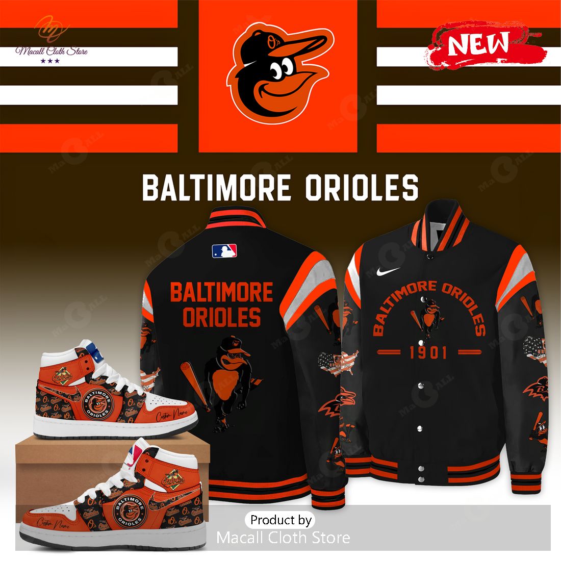 [NEW] Baltimore Orioles MLB For Sports Fans Black Bomber Jacket