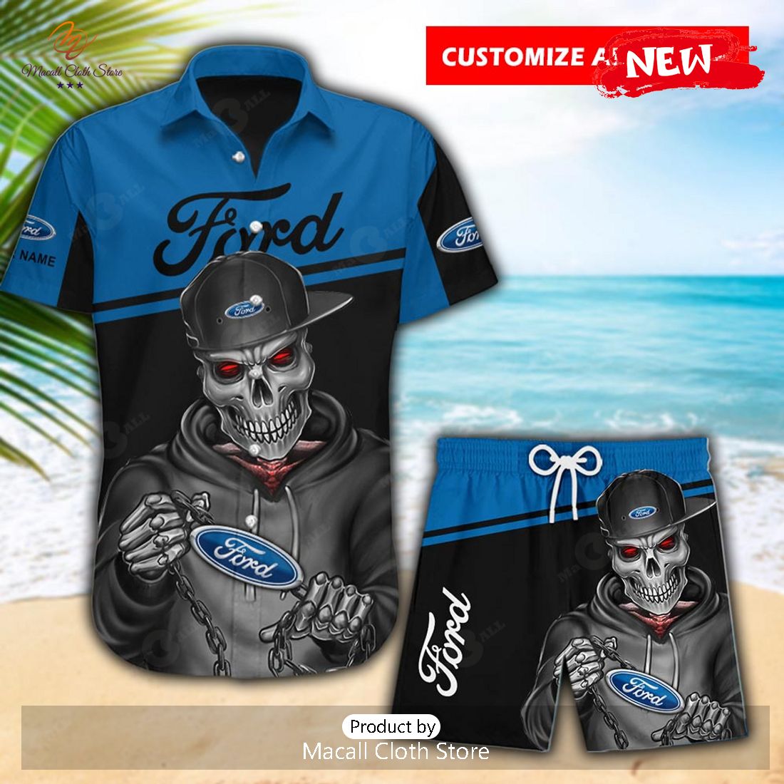 [NEW] Personalized Ford Branch Skull Premium Mix Black Navy Hawaiian Shirt
