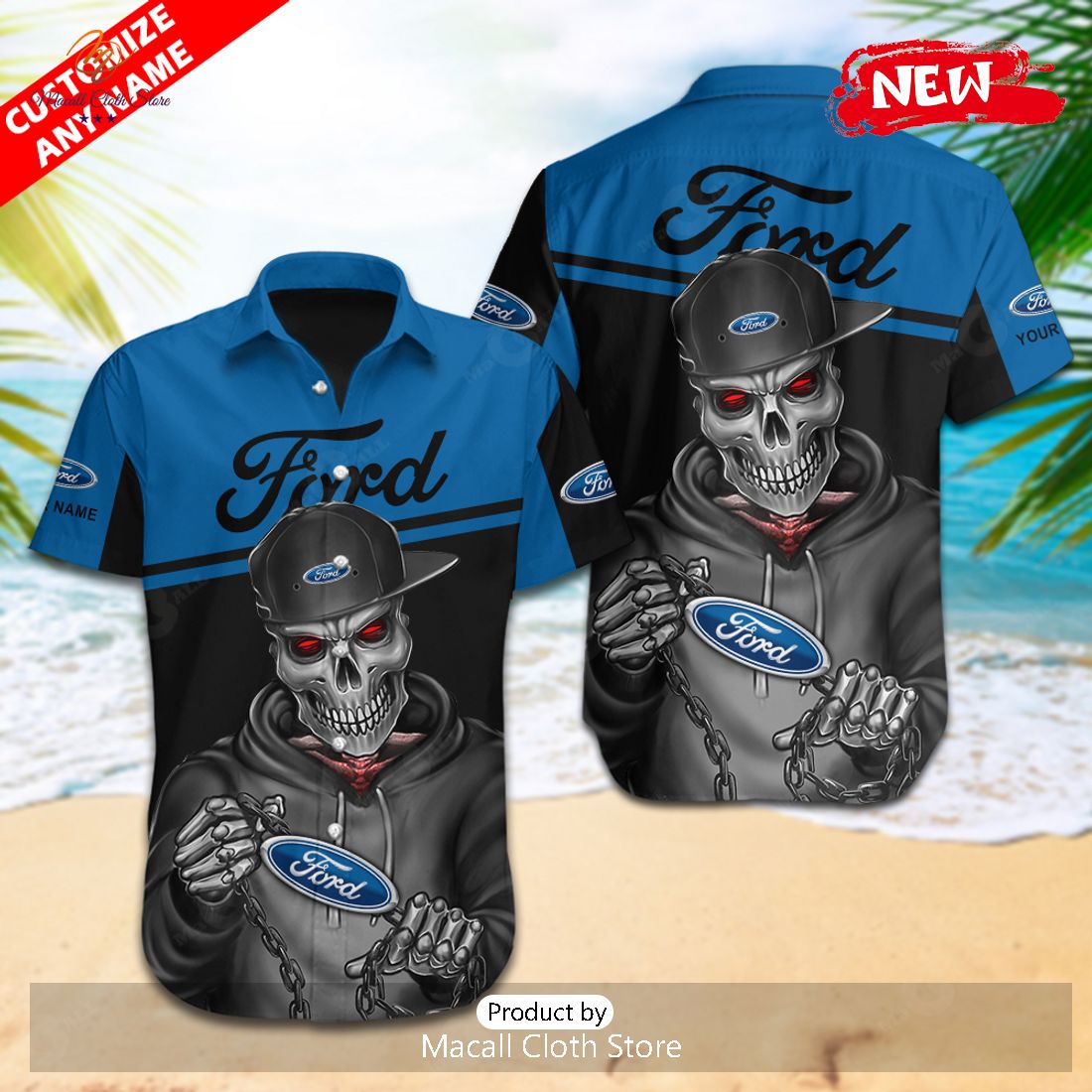 [NEW] Personalized Ford Branch Skull Premium Mix Black Navy Hawaiian Shirt