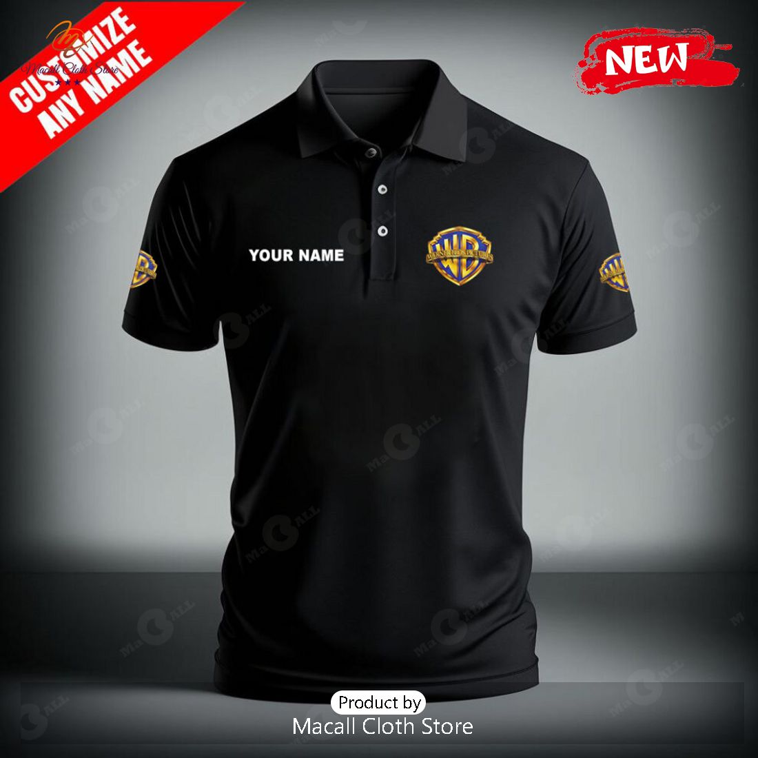 Personalized Warner Bros Premium Black Polo Shirt Personalized Warner Bros Premium Black Polo Shirt