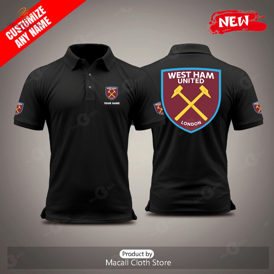 Personalized West Ham United Premium Black Polo Shirt Personalized West Ham United Premium Black Polo Shirt
