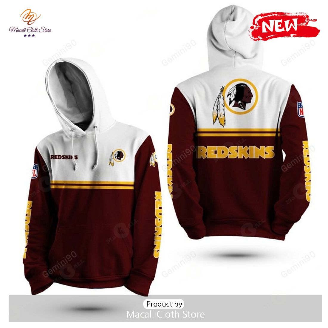 Washington Redskins NFL 2Line Logo Patterns Hoodie Sweatshirt 3D