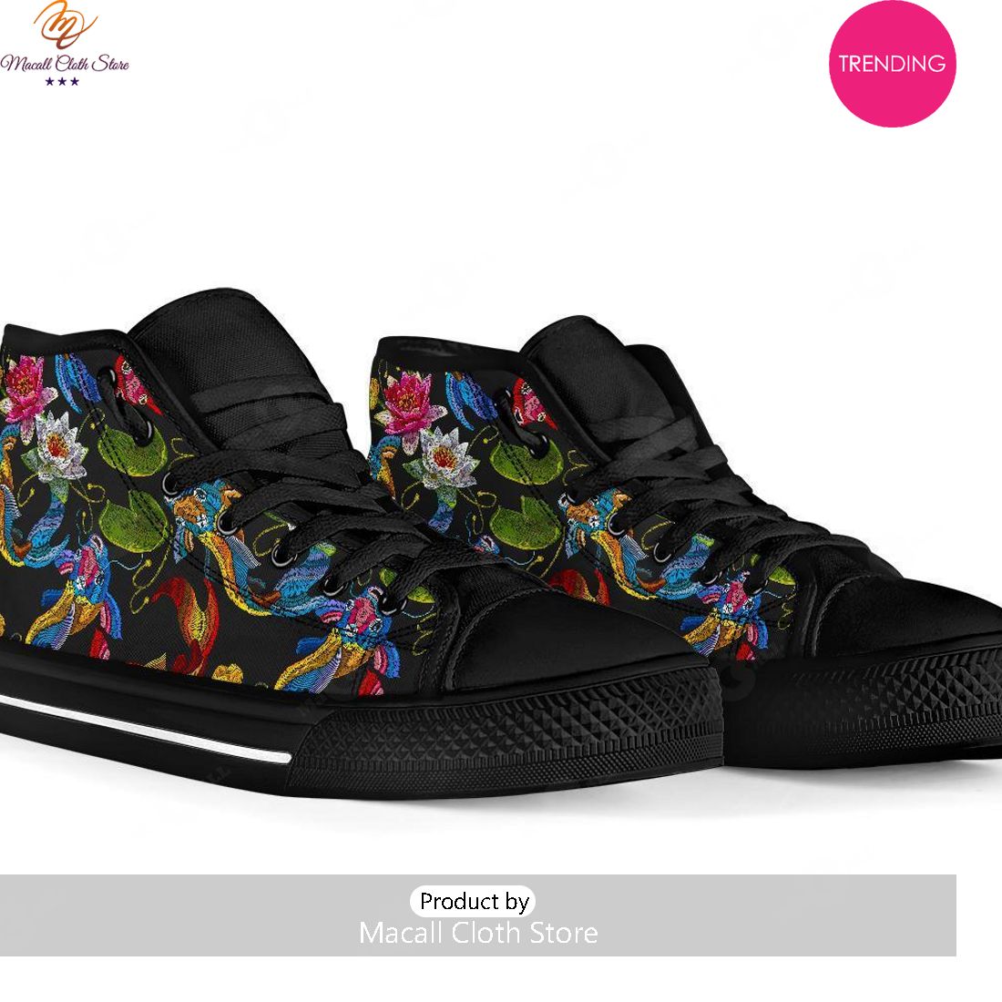 [TRENDING EDITION] Crochet Koi Fish Lotus Pattern Print Men Women’s High Top Canvas Shoes