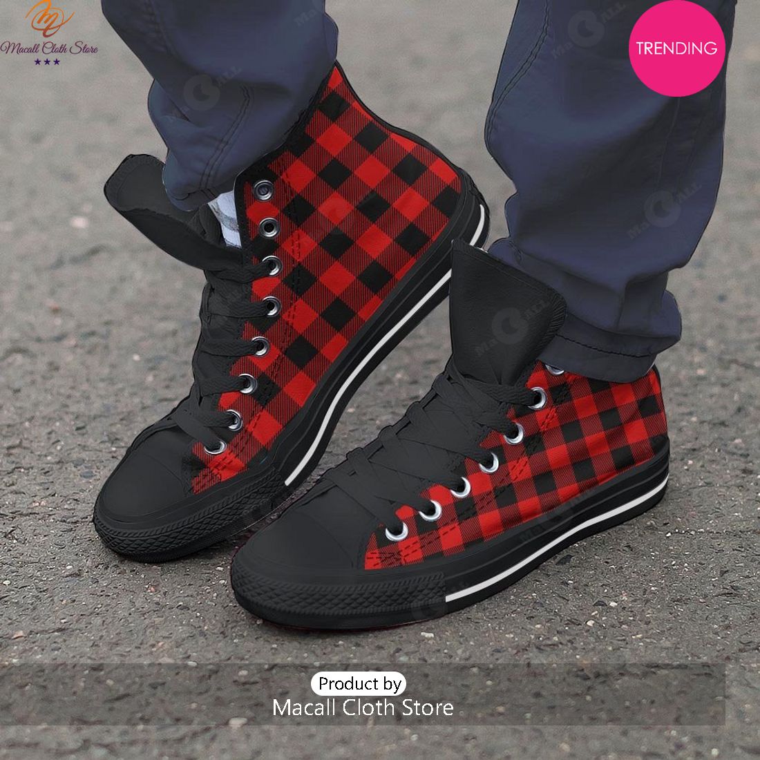 [TRENDING EDITION] Red Plaid Men’s High Top Canvas Shoes