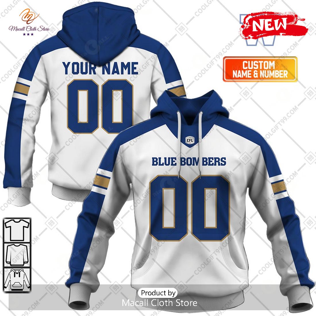 [NEW] Personalized CFL Winnipeg Blue Bombers Away Jersey Style Hoodie Sweatshirt 3D