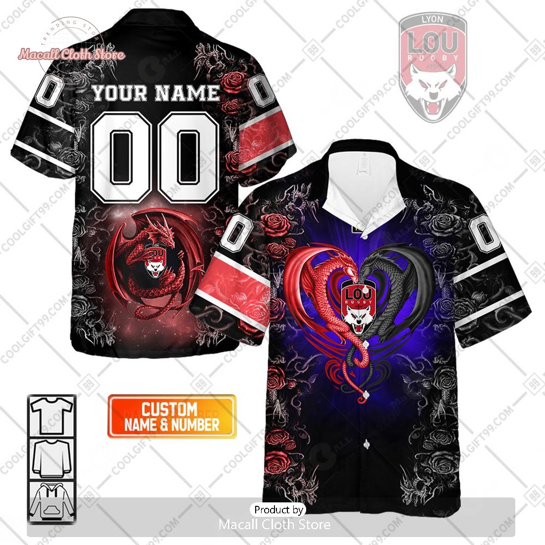 Personalized Lyon LOU Rugby Rose Dragons Design Hawaiian Shirt Personalized Lyon LOU Rugby Rose Dragons Design Hawaiian Shirt