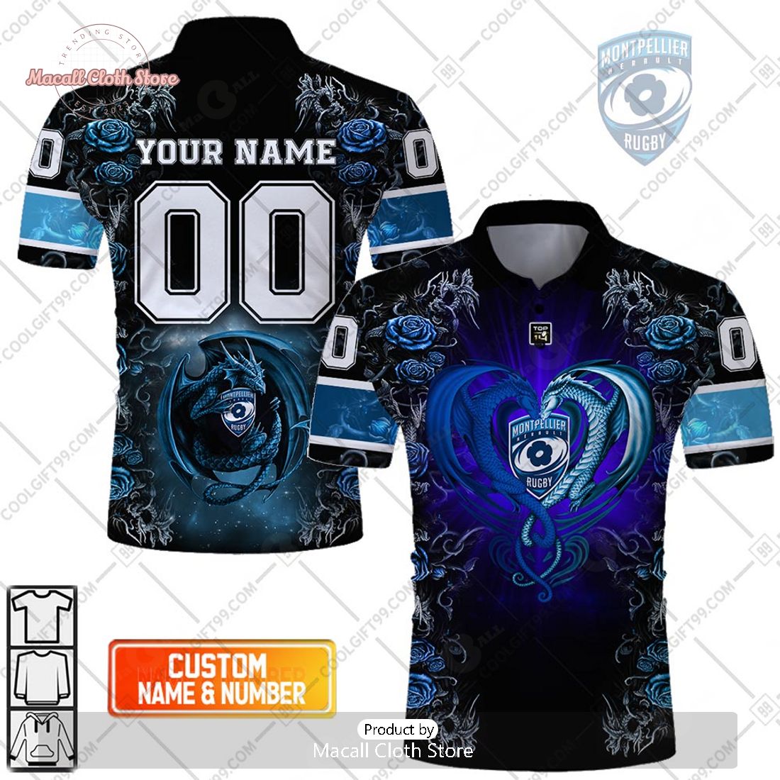 Personalized Montpellier Herault Rugby Rose Dragons Design Polo Shirt Personalized Montpellier Herault Rugby Rose Dragons Design Polo Shirt