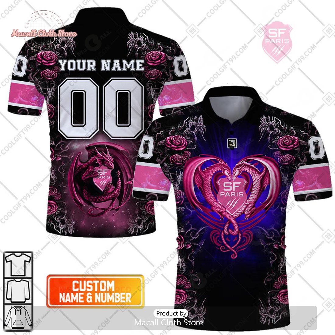 Personalized Stade Francais Paris Rugby Rose Dragons Design Polo Shirt Personalized Stade Francais Paris Rugby Rose Dragons Design Polo Shirt