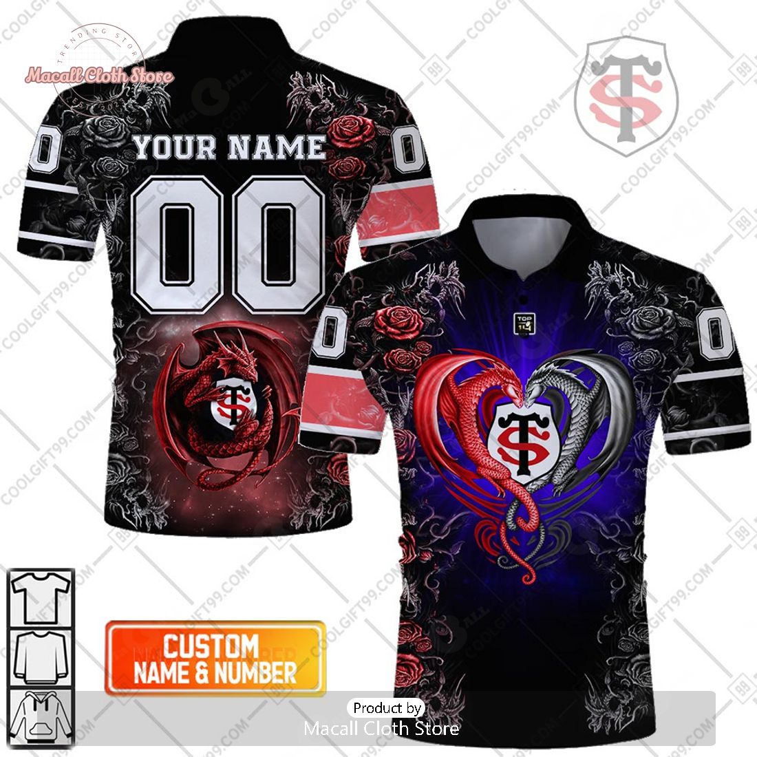Personalized Stade Toulousain Rugby Rose Dragons Design Polo Shirt Personalized Stade Toulousain Rugby Rose Dragons Design Polo Shirt
