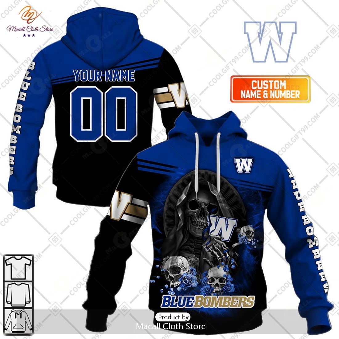 Personalized CFL Winnipeg Blue Bombers Skull Death Art Hoodie Sweatshirt 3D
