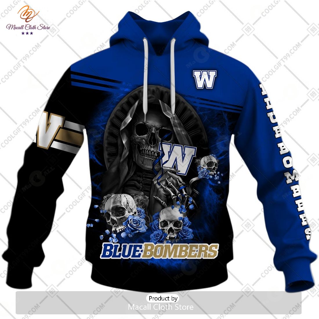Personalized CFL Winnipeg Blue Bombers Skull Death Art Hoodie Sweatshirt 3D