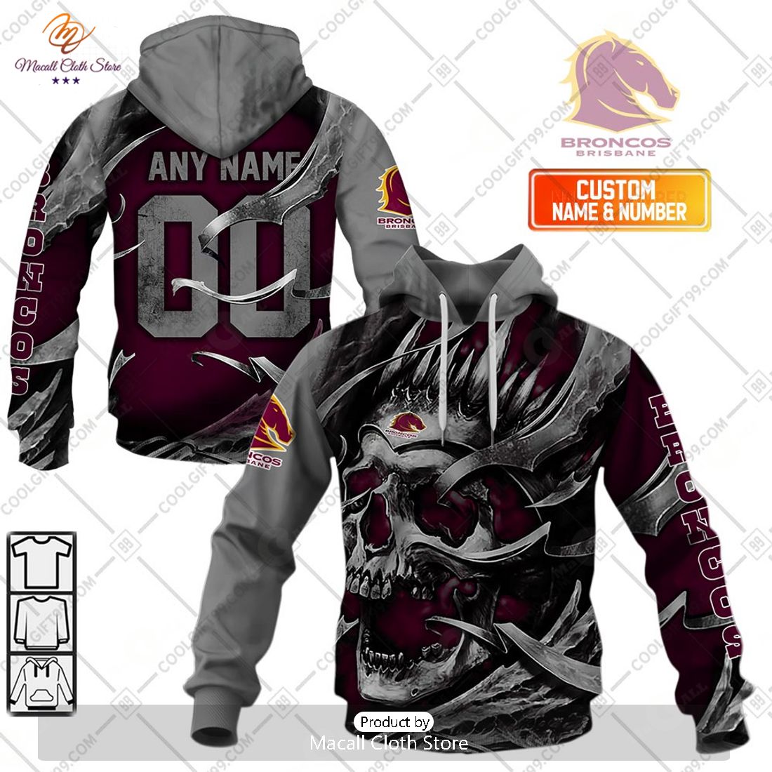 Personalized NRL Brisbane Broncos Metal Skull Hoodie Sweatshirt 3D Personalized NRL Brisbane Broncos Metal Skull Hoodie Sweatshirt 3D