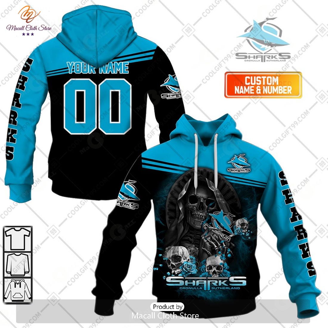 Personalized NRL Cronulla Sutherland Sharks Skull Death Art Hoodie Sweatshirt 3D Personalized NRL Cronulla Sutherland Sharks Skull Death Art Hoodie Sweatshirt 3D