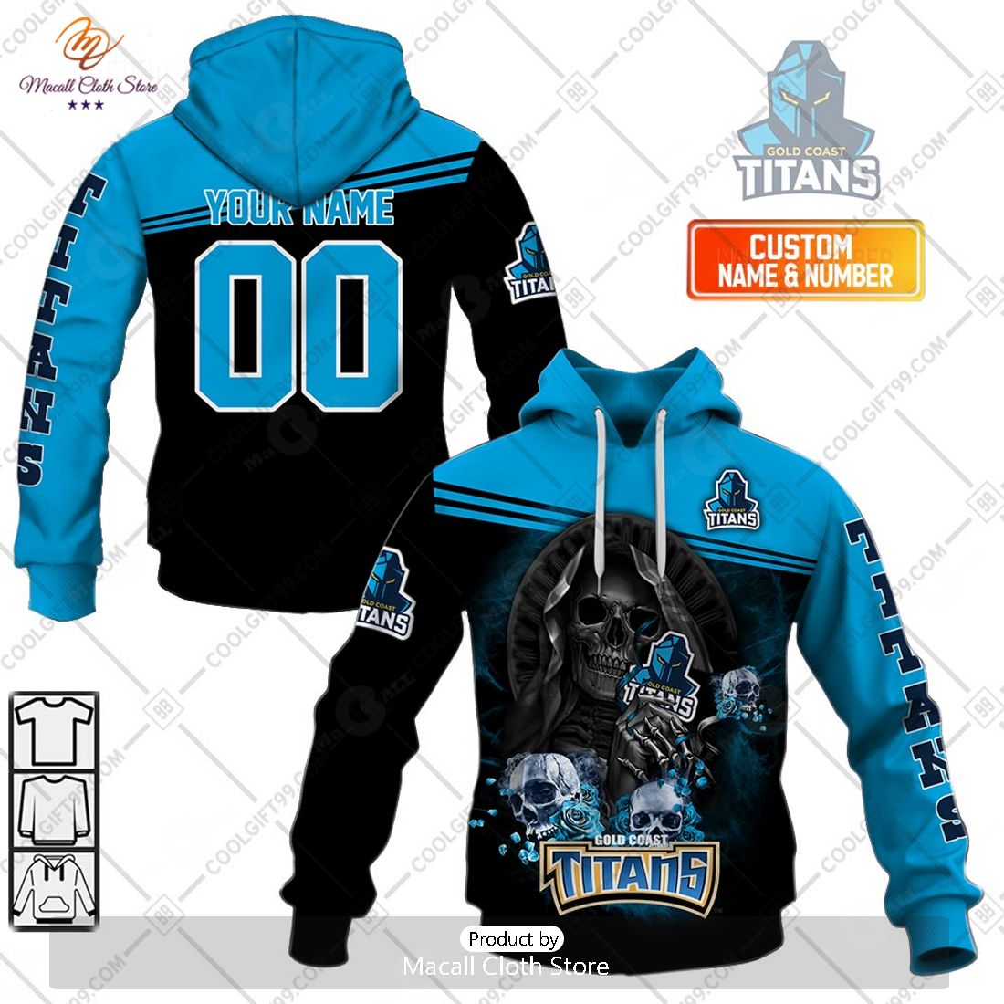 Personalized NRL Gold Coast Titans Skull Death Art Hoodie Sweatshirt 3D