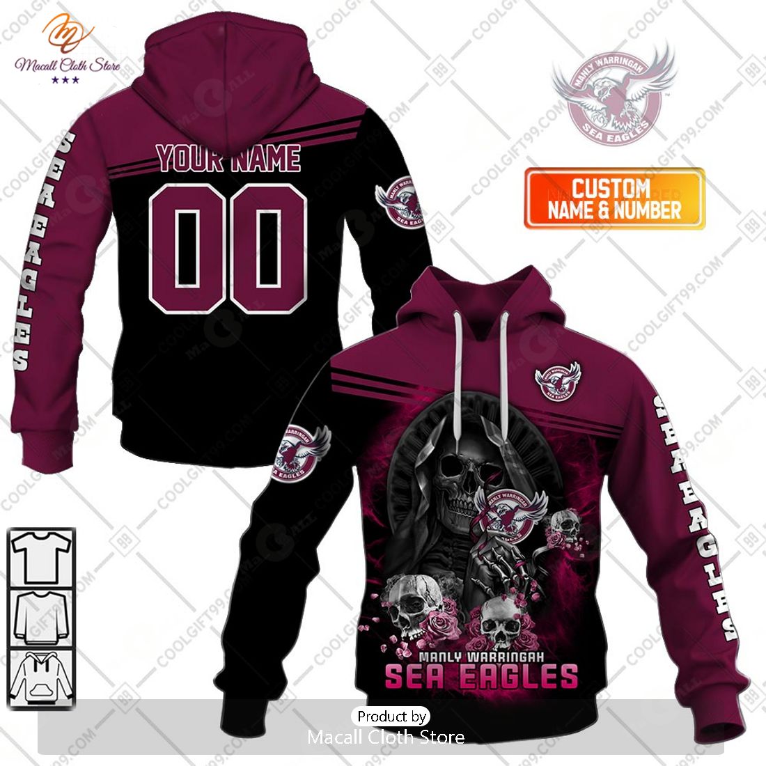 Personalized NRL Manly Warringah Sea Eagles Skull Death Art Hoodie Sweatshirt 3D Personalized NRL Manly Warringah Sea Eagles Skull Death Art Hoodie Sweatshirt 3D