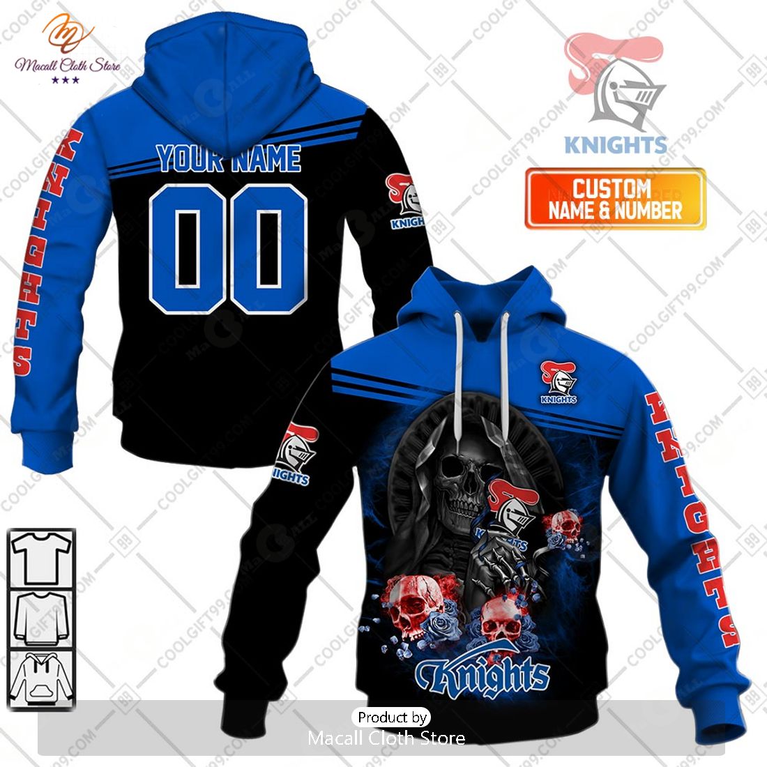 Personalized NRL Newcastle Knights Skull Death Art Hoodie Sweatshirt 3D