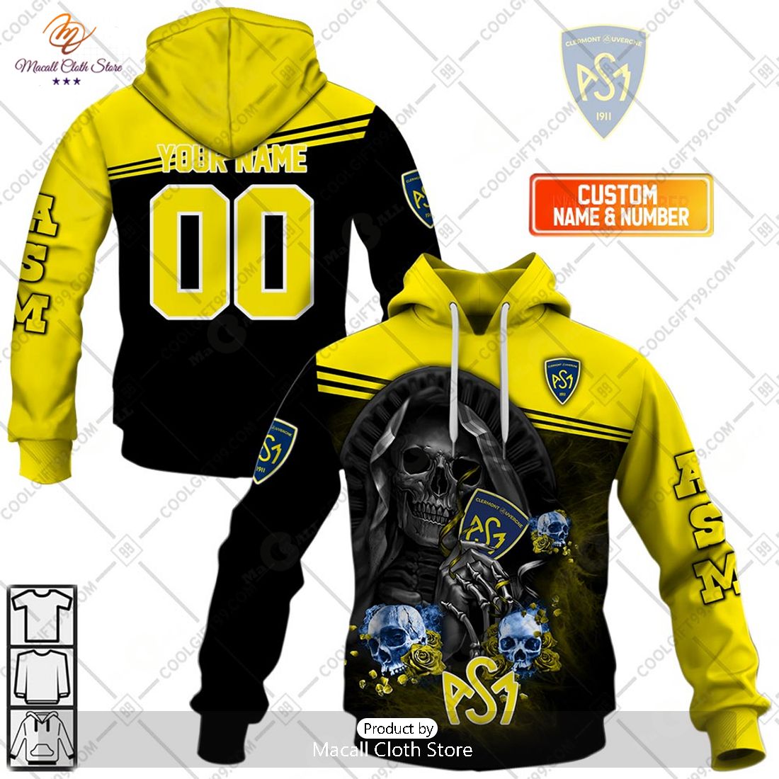 Personalized ASM Clermont Auvergne Rugby Skull Death Design Hoodie Sweatshirt 3D