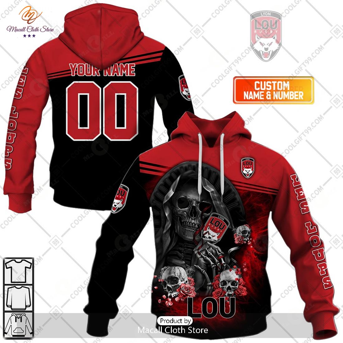 Personalized Lyon LOU Rugby Skull Death Design Hoodie Sweatshirt 3D