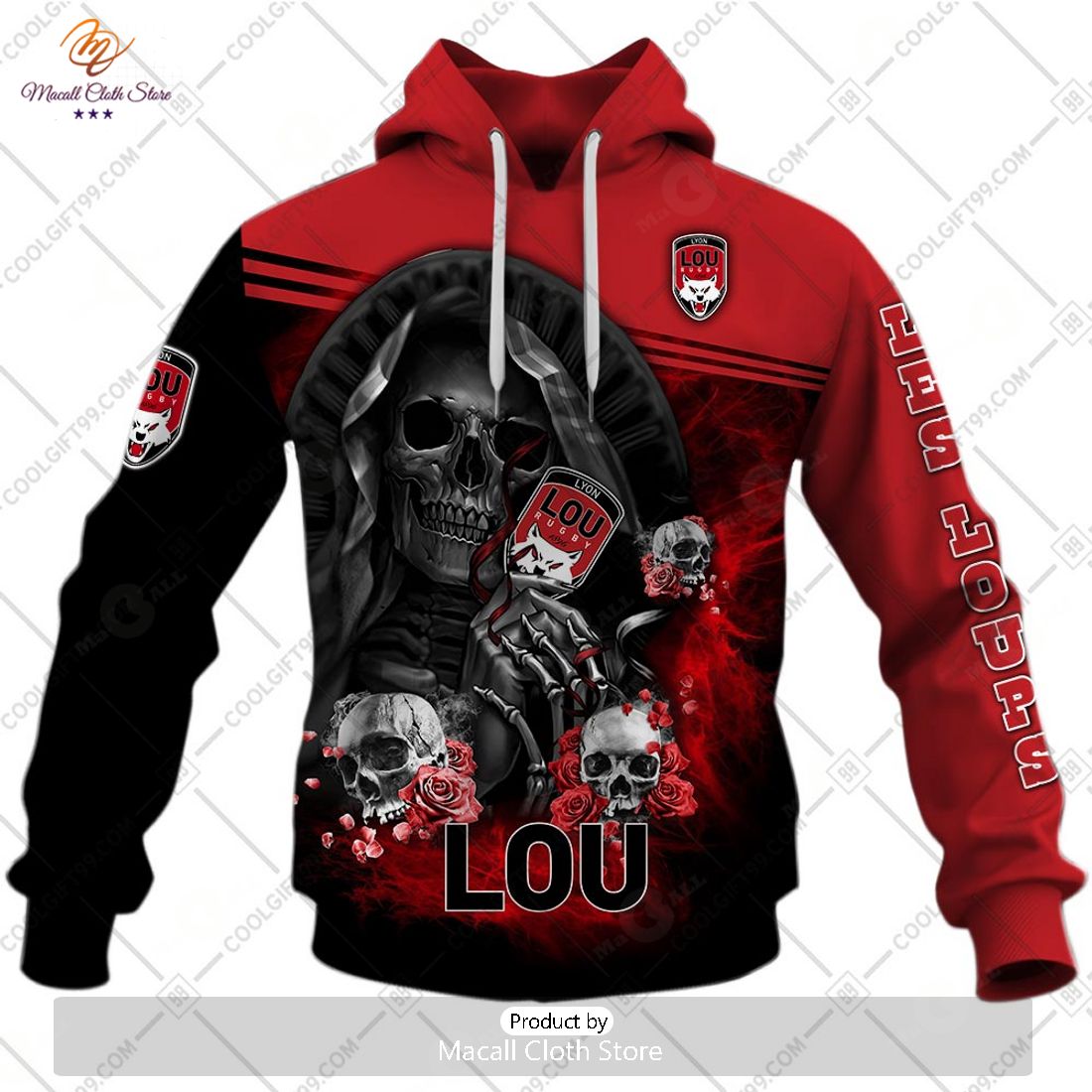 Personalized Lyon LOU Rugby Skull Death Design Hoodie Sweatshirt 3D