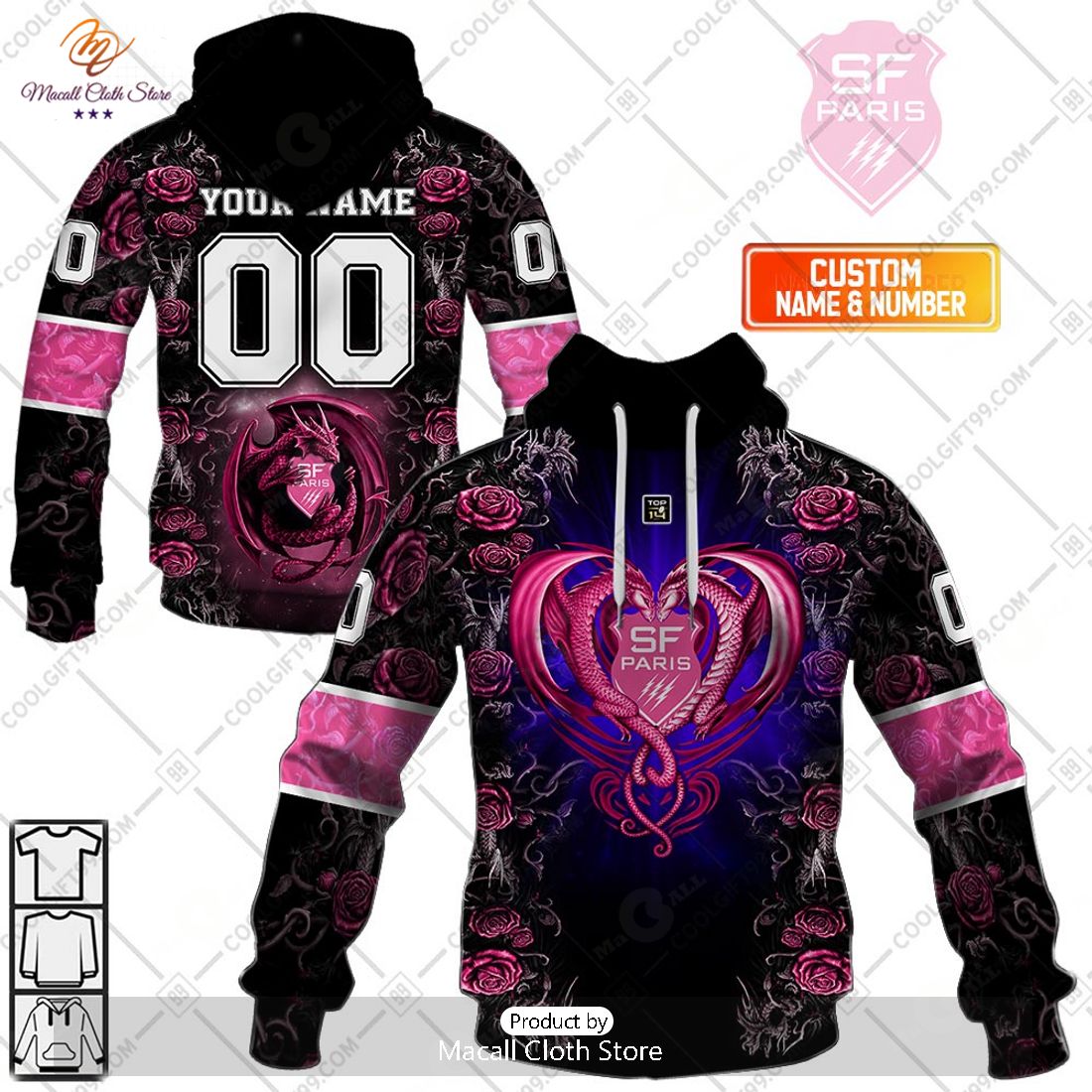 Personalized Stade Francais Paris Rugby Rose Dragons Design Hoodie Sweatshirt 3D Personalized Stade Francais Paris Rugby Rose Dragons Design Hoodie Sweatshirt 3D