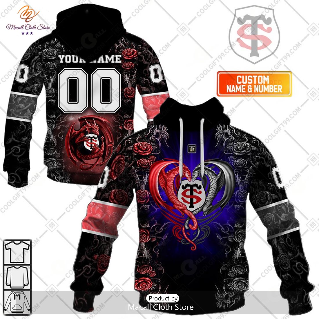Personalized Stade Toulousain Rugby Rose Dragons Design Hoodie Sweatshirt 3D Personalized Stade Toulousain Rugby Rose Dragons Design Hoodie Sweatshirt 3D