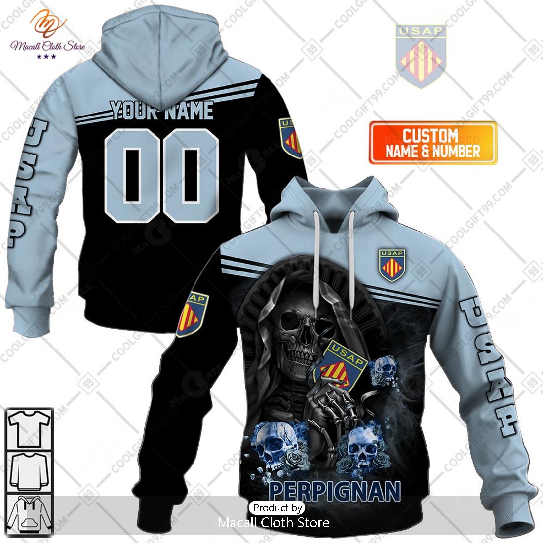 Personalized USA Perpignan Rugby Skull Death Design Hoodie Sweatshirt 3D