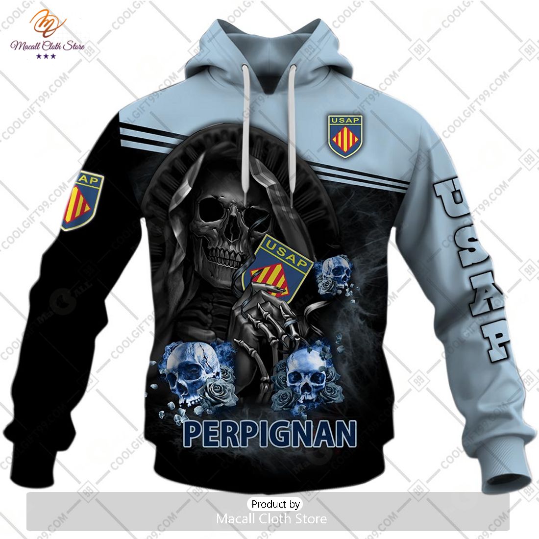 Personalized USA Perpignan Rugby Skull Death Design Hoodie Sweatshirt 3D