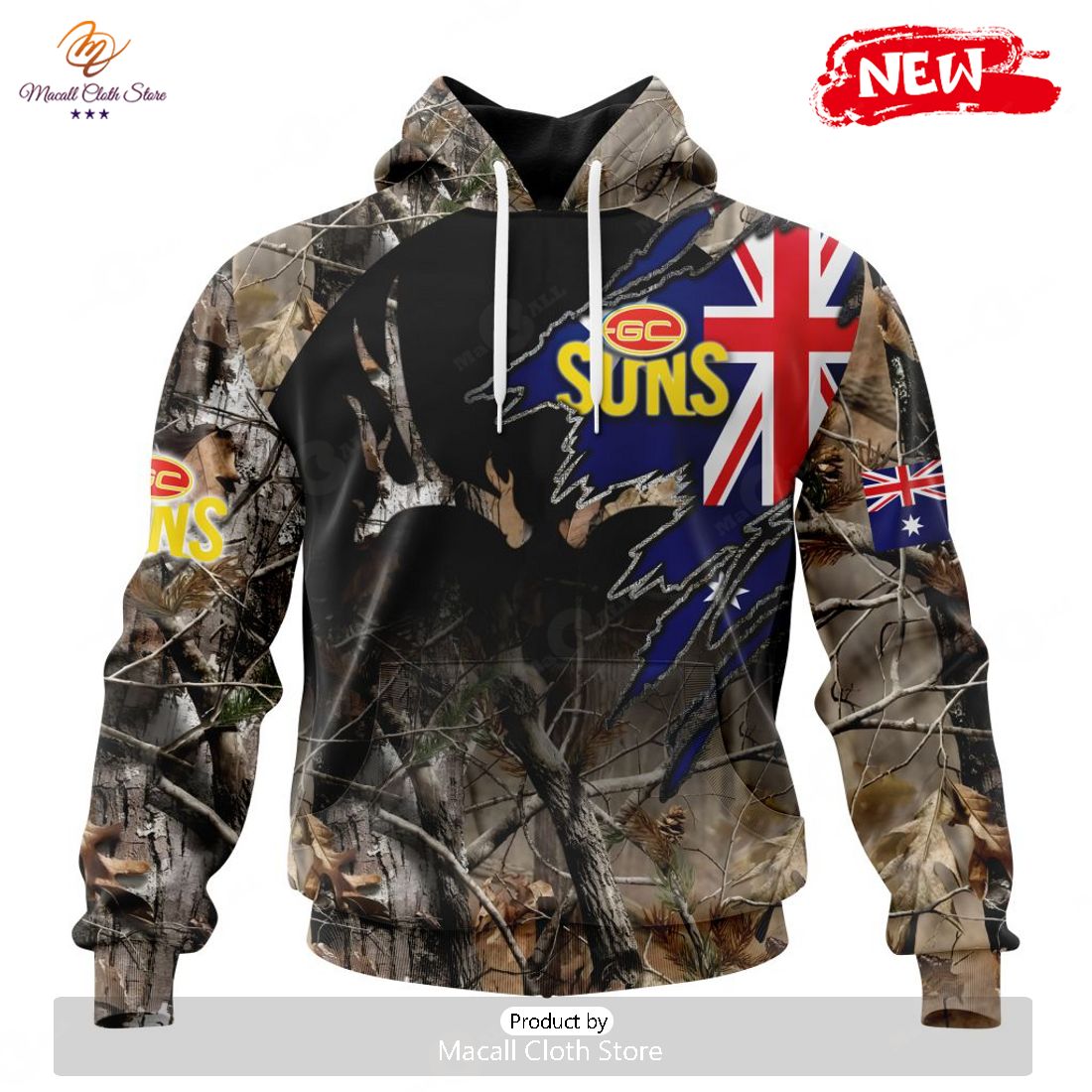 HOT Personalized AFL Gold Coast Suns Special Camo Realtree Hunting Hoodie Sweatshirt 3D