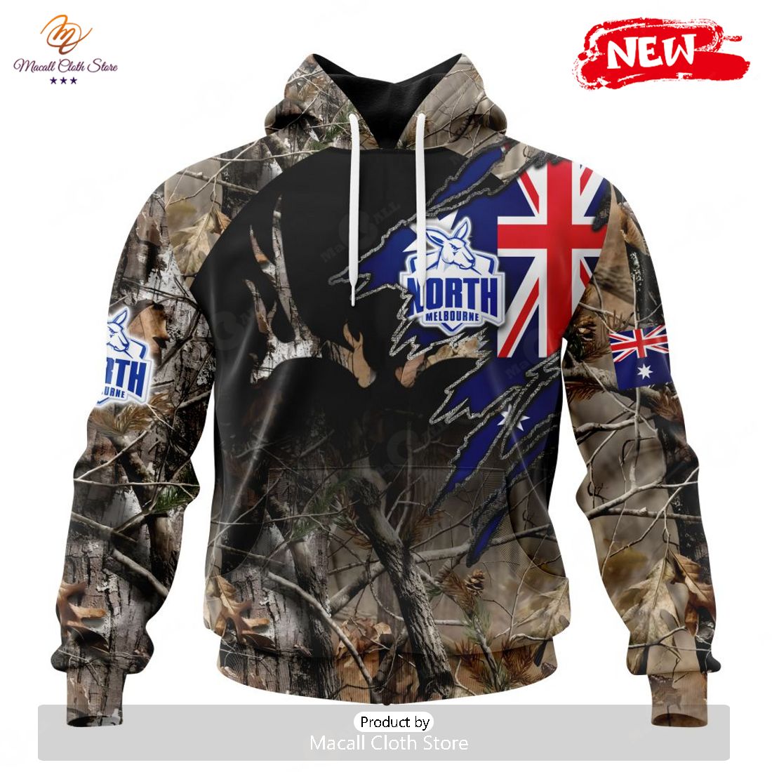 HOT Personalized AFL North Melbourne Football Club Special Camo Realtree Hunting Hoodie Sweatshirt 3D