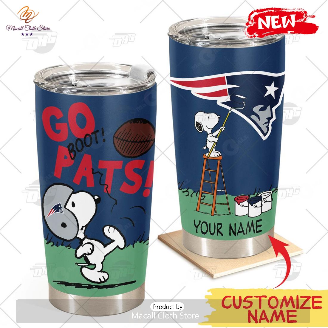HOT Personalize NFL New England Patriots Snoopy Stainless Steel Tumbler
