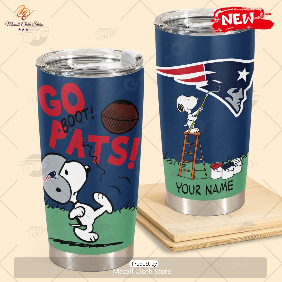 HOT Personalize NFL New England Patriots Snoopy Stainless Steel Tumbler