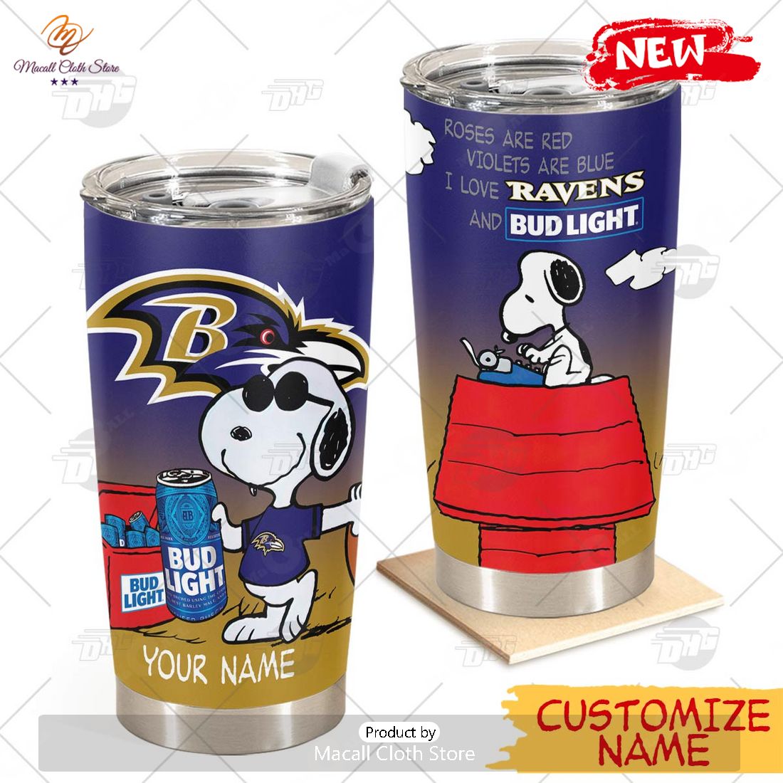 HOT Personalized NFL Baltimore Ravens Snoopy BUD LIGHT Beer Lover Stainless Steel Tumbler