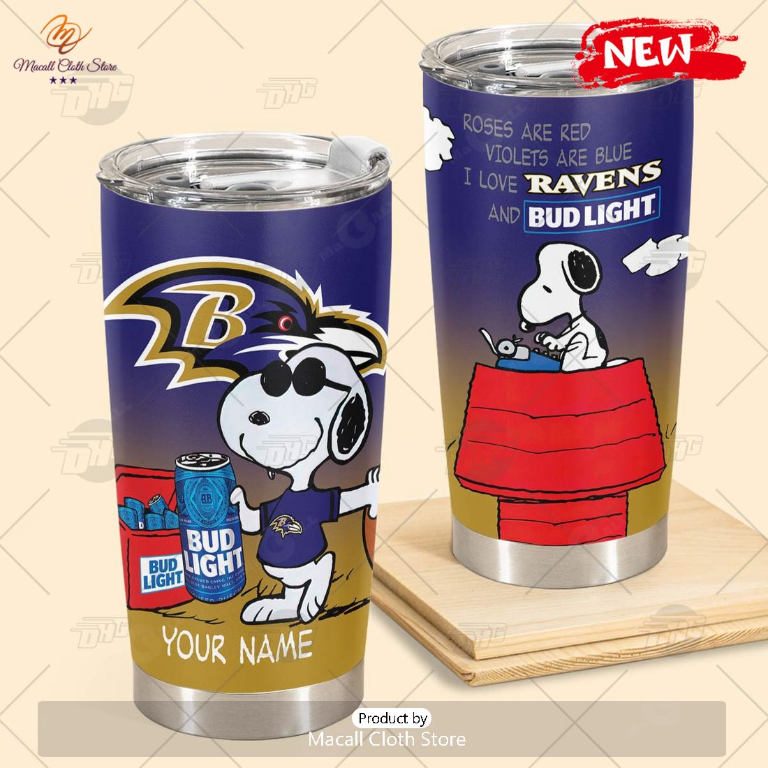 HOT Personalized NFL Baltimore Ravens Snoopy BUD LIGHT Beer Lover Stainless Steel Tumbler