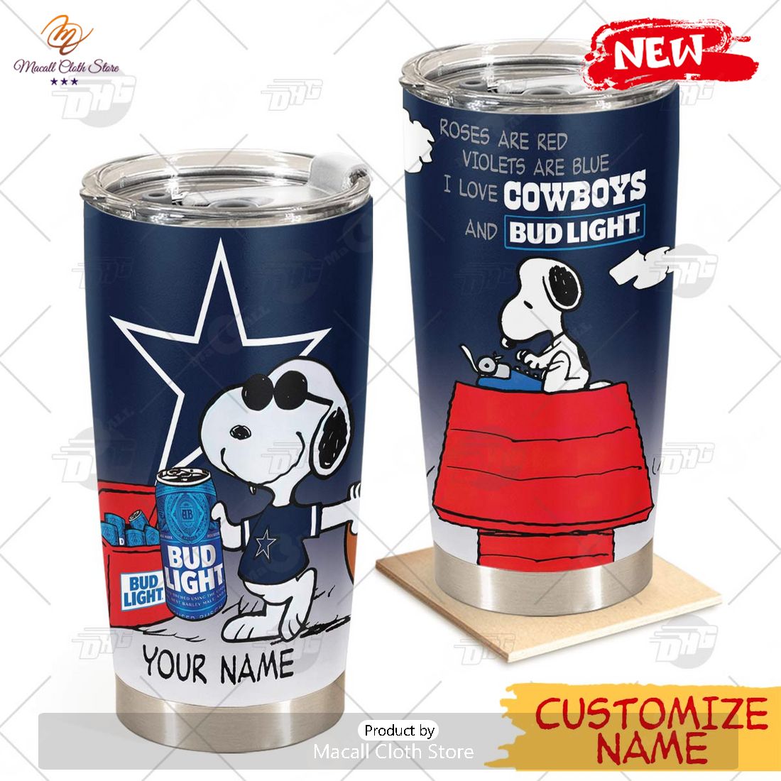 HOT Personalized NFL Dallas Cowboys Snoopy BUD LIGHT Beer Lover Stainless Steel Tumbler